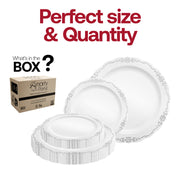 White with Silver Vintage Rim Round Disposable Plastic Dinnerware Value Set Quantity | Smarty Had A Party