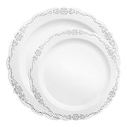 White with Silver Vintage Rim Round Disposable Plastic Dinnerware Value Set Secondary  | Smarty Had A Party