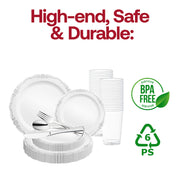 White with Silver Vintage Rim Round Disposable Plastic Wedding Value Set BPA | Smarty Had A Party