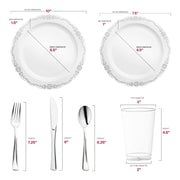White with Silver Vintage Rim Round Disposable Plastic Wedding Value Set Dimension | Smarty Had A Party