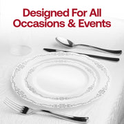 White with Silver Vintage Rim Round Disposable Plastic Wedding Value Set Lifestyle | Smarty Had A Party