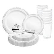 White with Silver Vintage Rim Round Disposable Plastic Wedding Value Set | Smarty Had A Party