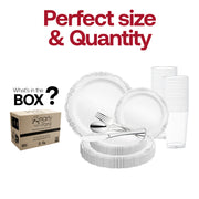White with Silver Vintage Rim Round Disposable Plastic Wedding Value Set Quantity | Smarty Had A Party