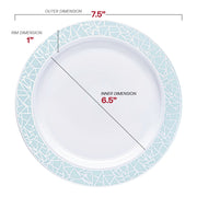 White with Turquoise Blue and Silver Mosaic Rim Round Plastic Appetizer/Salad Plates (7.5") Dimension | Smarty Had A Party