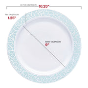 White with Turquoise Blue and Silver Mosaic Rim Round Plastic Dinner Plates (10.25") Dimension | Smarty Had A Party