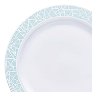 White with Turquoise Blue and Silver Mosaic Rim Round Plastic Dinner Plates (10.25") | Smarty Had A Party