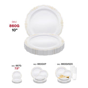 White 10-inch dinner plates with a luxurious gold vintage rim, disposable and lightweight