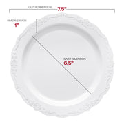 White 7.5-inch appetizer plates with a sophisticated vintage design, disposable and lightweight
