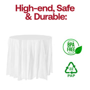 White BPA-free round plastic tablecloths, 84-inch size, disposable and safe for food-related use, bulk 96-pack.