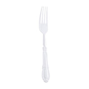 White Baroque disposable plastic dinner forks, 8 inches long, available in a 480-piece case
