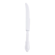 White Baroque disposable plastic dinner knives with an ornate handle design, 9 inches long, perfect for upscale dining