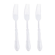 White Baroque plastic dinner forks, 8 inches, perfect for weddings, banquets, and sophisticated table settings