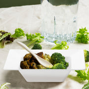 White Square Plastic Soup Bowl (12 oz.) filled with meat, rice, and broccoli on a dining table setup
