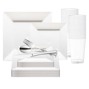 White Square Plastic Wedding Value Set with silver cutlery adds modern, sophisticated style to weddings and celebrations