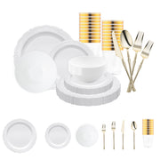 White Vintage Disposable Plastic Tableware Set with gold cutlery adds timeless elegance to formal dinners and special events