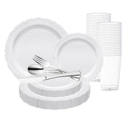 White Vintage Round Disposable Plastic Wedding Value Set with silver cutlery, offering timeless elegance and classic style for formal occasions and weddings
