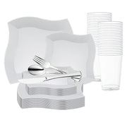 White Wave Plastic Wedding Value Set with silver cutlery, perfect for elegant weddings, receptions, and celebrations