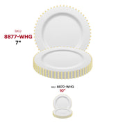White and gold salad plates with a pearl string accent, round disposable plastic design, 7-inch diameter