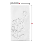 White and silver floral paper napkins measuring 16" x 16" unfolded, offering generous coverage for meals and drinks
