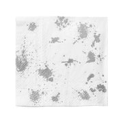 White beverage napkin with silver paint splatter design, 10 x 10 inches, sold in a 600-count pack