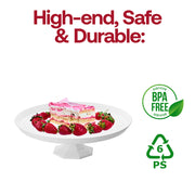 White cake stand with a strawberry-topped cake shown at a festive event, perfect for all occasions