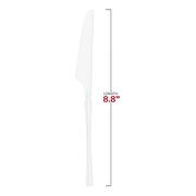 White dinner knives, 8.8 inches, with a contemporary Moderno design; disposable for easy cleanup