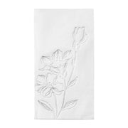 White dinner napkins featuring a silver antique floral pattern, perfect for upscale dining and event tables