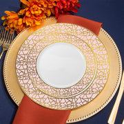 White dinner plate with an ornate pink and gold mosaic-style rim, 10.25-inch round plastic design, 120 plates included