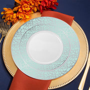 White dinner plate with an ornate turquoise blue and silver mosaic-style rim, 10.25-inch round plastic design, 120 plates included