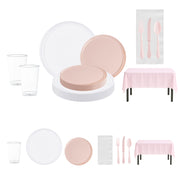 White dinner plates and pink salad plates from The Soft Girl Set displayed on a pastel-themed party table