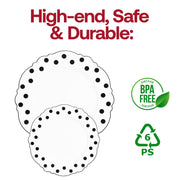 White dinner plates made of plastic, featuring a modern black dot blossom design, disposable for easy cleanup, BPA-free
