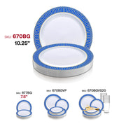 White dinner plates with a decorative blue and gold spiral rim, 10.25-inch diameter