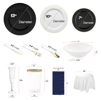 White dinner plates with gold rims paired with black salad plates for a bold wedding tablescape.