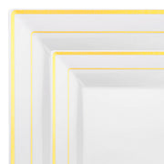 White dinnerware with gold square edge rims, offering a sophisticated touch to your dining experience