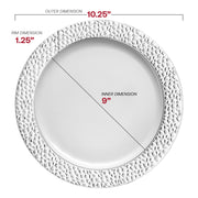 White disposable dinner plates featuring a silver hammered rim design, 10.25 inches in diameter