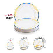 White disposable dinner plates with a blue and gold harmony rim, 10.25-inch diameter