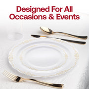 White disposable dinner plates with a round 10-inch design and intricate gold vintage rim detailing, ideal for formal dining