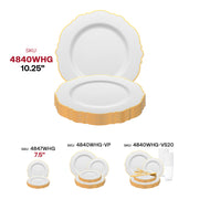 White disposable dinner plates with a round 10.25-inch design, adorned with a gold rim and blossom pattern
