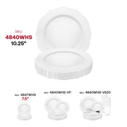 White disposable dinner plates with a round 10.25-inch design, adorned with a silver rim and blossom pattern