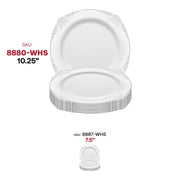 White disposable dinner plates with a round 10.25-inch design and elegant silver patterns, sold as a 120-pack for celebrations