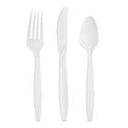White disposable plastic cutlery set, including forks, knives, and spoons, sturdy and ideal for events, catering, or daily use