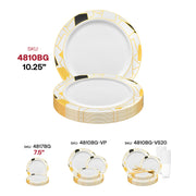 White disposable plastic dinner plates with a chic black and gold abstract squares pattern, 10.25-inch size, 120-count