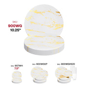 White disposable plastic dinner plates with a chic gold marble stroke design, 10.25-inch size, ideal for formal dining