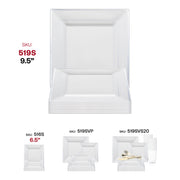 White disposable plastic dinner plates with a decorative silver square edge rim, 9.5-inch diameter, sold in packs of 120