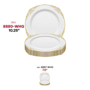 White disposable plastic dinner plates with a luxurious gold pattern, 10.25-inch round design, ideal for weddings