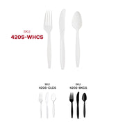 White disposable plastic forks, knives, and spoons, sturdy and lightweight, great for buffets, picnics, and everyday use