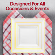 White disposable plastic plates with gold rimmed square edge, 6.5-inch size, bulk pack of 120, ideal for formal events