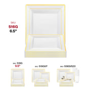 White disposable plastic plates with gold square edge rim, 6.5-inch diameter, ideal for appetizers or salads, pack of 120