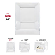White disposable plastic plates with silver rimmed square edge, 6.5-inch size, bulk pack of 120
