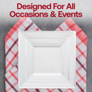White disposable plastic plates with silver square edge rim, 6.5-inch diameter, ideal for special occasions and events